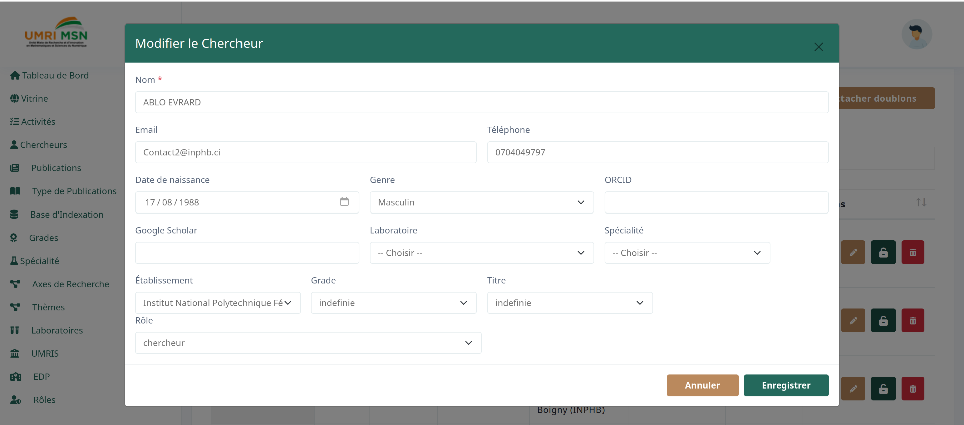 Plateforme de Suivie des Recherches (PSR)